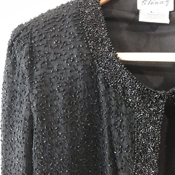 🔥Silk Beaded Jacket Sz Large Stenay Vintage Black Formal Blazer 90s Fancy - Picture 2 of 9